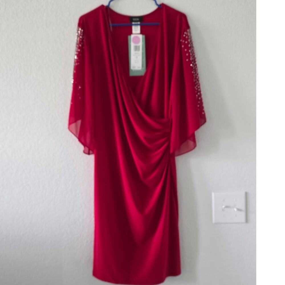 MSK Chiffon Layored Deep Red Gathered knee Length Size 16 NWT Dress